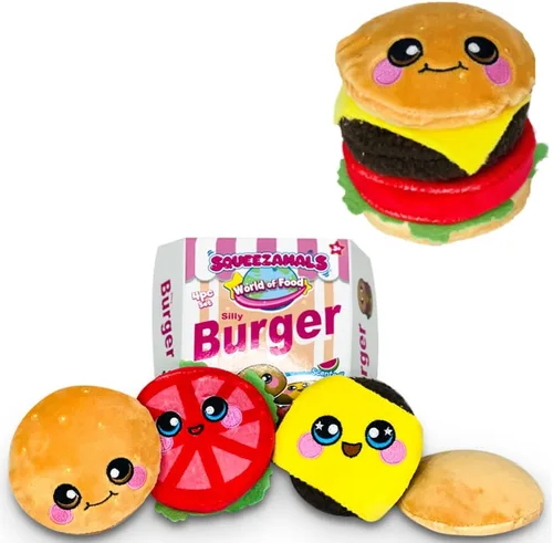 Miniatura 6 de Squeezamals World of Food - Juego de pizza de Nueva York para niños, juguete de peluche de 4 piezas, incluye mini peluches de comida perfumada