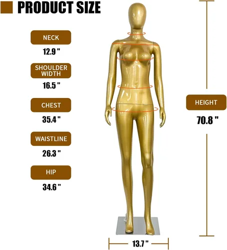 Miniatura 7 de Maniquí de cuerpo completo femenino de oro brillante de 70.8 pulgadas con brazos desmontables giratorios de 360°, base de metal resistente