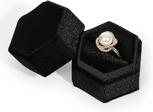Miniatura 11 de Caja hexagonal de terciopelo para anillos con doble anillo, elegante caja de almacenamiento de joyas para propuestas, compromiso, aniversario, Blanco