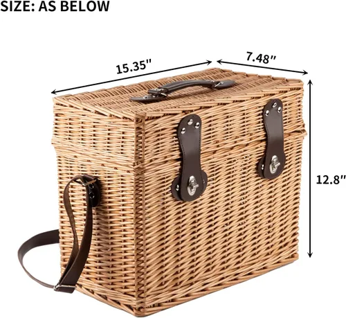 Miniatura 2 de Cesta de picnic de mimbre, cesta de almacenamiento rectangular con correa de transporte para camping, viajes, fiesta