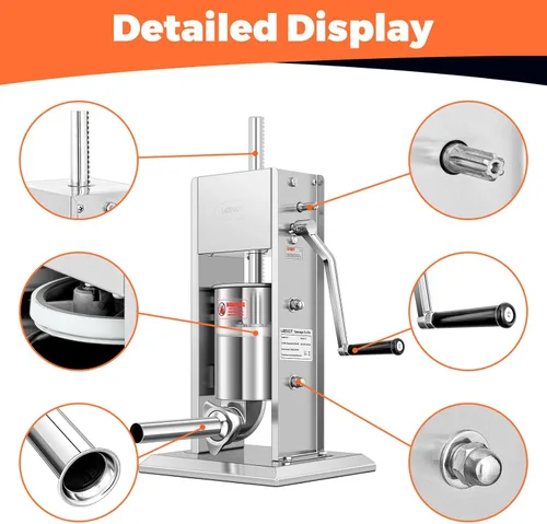 Miniatura 6 de LEEVOT - Embutidor manual de 7LBS/3L, kit profesional de acero inoxidable para hacer y rellenar salchichas con 2 velocidades, 5 tubos de relleno