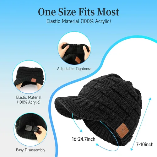 Miniatura 5 de Gorro Bluetooth para mujer con agujero para cola de caballo, gorro con auriculares integrado, micrófono integrado, regalos para mujer, W2-negro