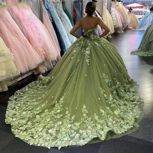 Miniatura 2 de XYAYE Vestidos de quinceañera de novia para mujer, vestidos de baile de flores en 3D, vestido de fiesta de encaje, sin tirantes, de tul dulce 15 16