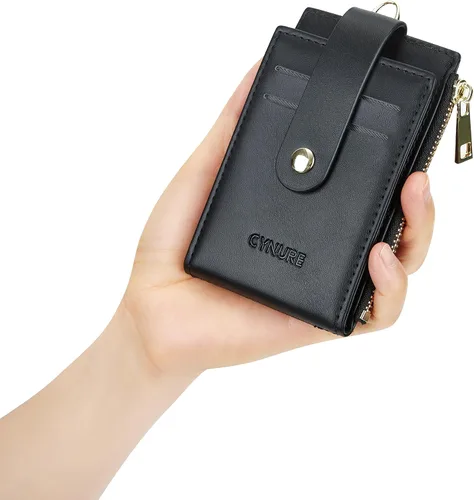 Miniatura 7 de Tarjetero de cuero para mujer, con bloqueo RFID, delgado y pequeño, con cremallera, llavero, bolsillo frontal, con 2 ventanas para identificación