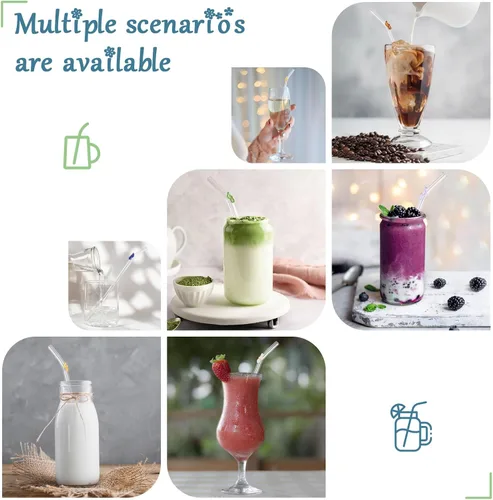 Miniatura 6 de 6 popotes de vidrio Boba reutilizables, 8.3 pulgadas x 0.394 in de ancho con dijes de flores, pajitas de té de burbujas reutilizables, aptas
