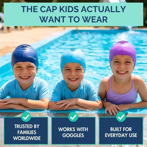 Miniatura 7 de Limmys Gorro de natación de silicona para niños, suave, elástico, antideslizante, para niños y niñas, cómodo ajuste sin tirones, sello seguro