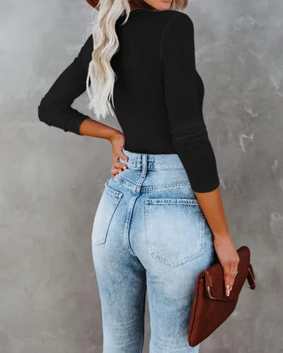 Miniatura 5 de VICHYIE Ropa de otoño para mujer, cuello redondo, acanalada, manga larga, ajustada, camiseta básica casual