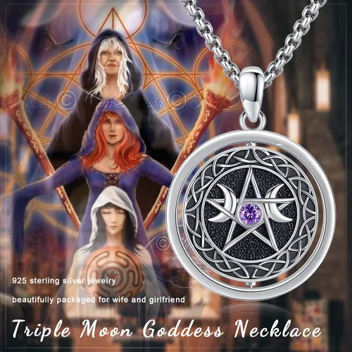 Miniatura 6 de Collar de diosa de triple luna de plata de ley 925 nudo celta pentagrama pentagrama colgante de pentáculo agano wiccano magia giratorio amuleto