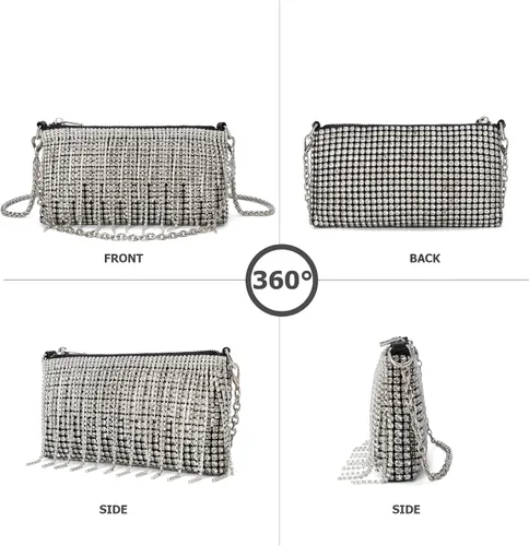 Miniatura 4 de Bolso cruzado de diamantes de imitación brillantes para mujer, con borla, cadena plateada, para fiesta de graduación de noche, fiesta