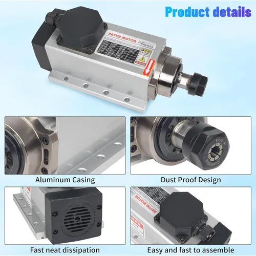 Miniatura 6 de RATTMMOTOR Motor de husillo de 2.2KW 220V cuadrado refrigerado por aire ER20, 24000RPM husillo de alta velocidad 4 rodamientos trifásicos 6A 400Hz