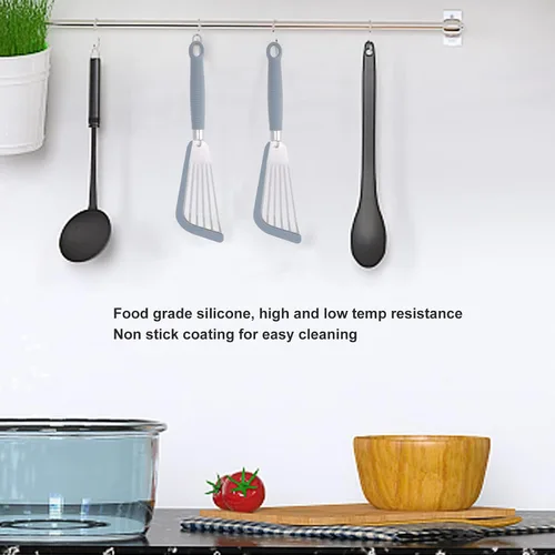 Miniatura 5 de Espátula de silicona de acero inoxidable con ranuras, espátula de cocina antiadherente para huevos, panqueques, pescados, hamburguesas (gris)