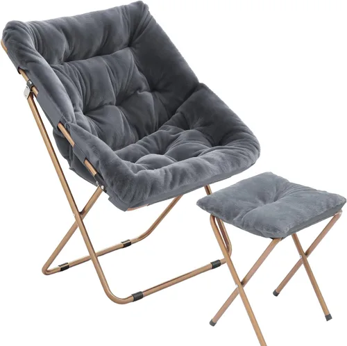 Miniatura 10 de Magshion Silla plegable de gran tamaño para adultos, silla de lectura con otomana, asiento circular esponjoso de piel sintética, cómoda silla