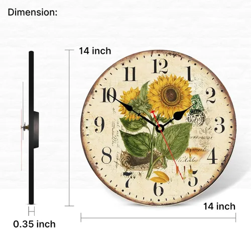 Miniatura 4 de TAHEAT Reloj de Pared de Girasol de 14 Pulgadas, Hermoso Reloj de Pared de Girasol, Reloj de Pared Floral Vintage Silencioso sin Tictac, Reloj