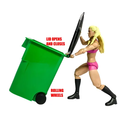 Miniatura 3 de Bote de basura verde en miniatura con tapa y ruedas para figuras de acción de lucha libre