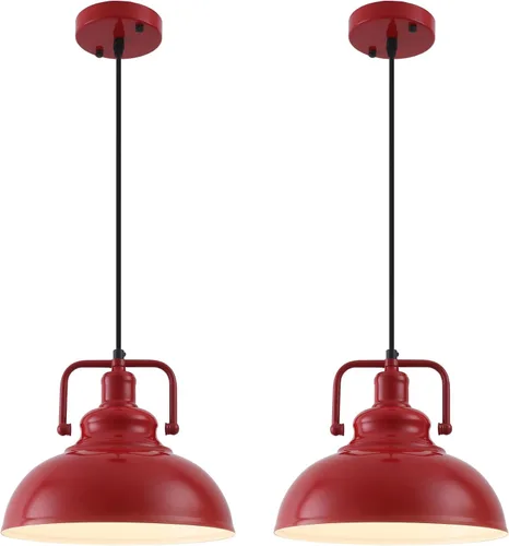 Paquete de 2 luces colgantes rojas de granja, luces metálicas para isla de cocina, lámpara colgante vintage industrial para cocina, sala de estar,
