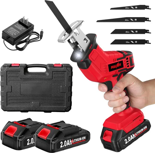 FULLYEA Sierra Recíproca Inalámbrica, Sierras Eléctricas de 0-3500 RPM con 4 Hojas y 2 Baterías de 2.0Ah, Cambio de Hoja sin Herramientas, Sierra de