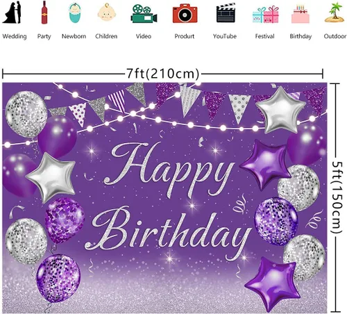 Miniatura 3 de INRUI Telón de fondo morado para fotografía de cumpleaños, globos plateados con purpurina para niñas y mujeres, pancarta de decoración de fiesta