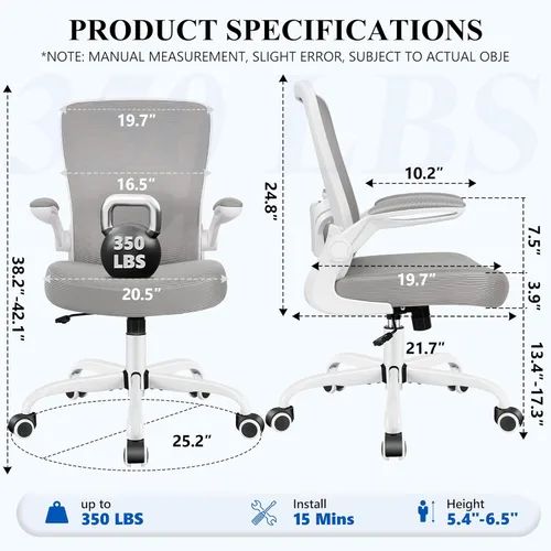 Miniatura 3 de FelixKing Silla de oficina, silla de escritorio ergonómica, sillas de malla transpirable, respaldo alto, soporte lumbar ajustable, reposabrazos Gris