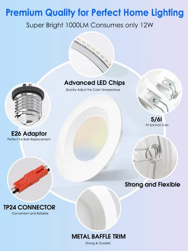 Miniatura 3 de Energetic - Lata de iluminación LED empotrable de 5/6 pulgadas, luz empotrable regulable, 12 W = 150 W, blanco cálido 3000 K, 1000 lm, clasificación