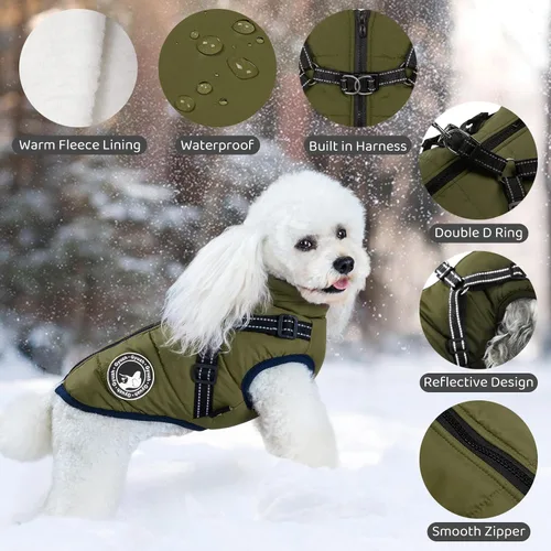 Miniatura 2 de Jinpet - Abrigo con arnés reflectante de invierno para perro, tela polar impermeable, chaqueta con cremallera, para cachorros, perros pequeños, Verde