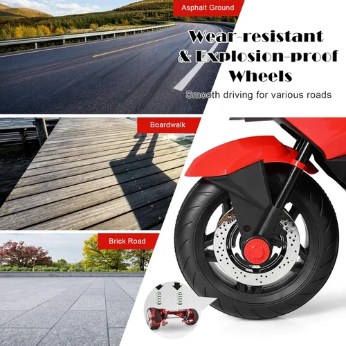 Miniatura 7 de Costzon Motocicleta de Montar para Niños, Motocicleta Eléctrica de Batería de 12V con Ruedas de Entrenamiento, Luces LED, Música, Pedal, Rojo