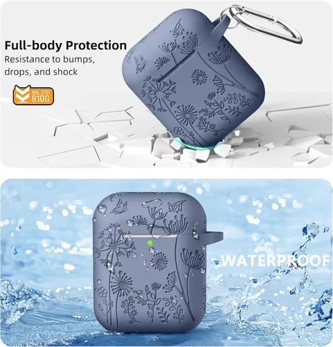 Miniatura 3 de Lerobo - Funda grabada con flores para estuche de AirPods, protector de silicona suave y elegante con llavero, compatible con estuche de carga