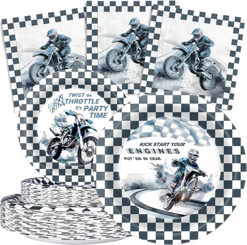 Suministros de fiesta de cumpleaños para 40 invitados, juego de platos de cumpleaños y servilletas de motocross, decoraciones de fiesta de motocross