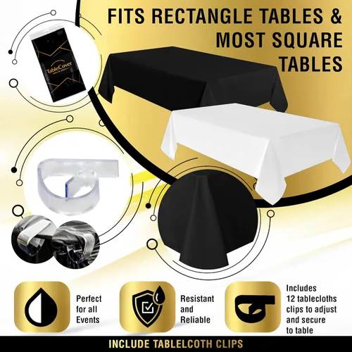 Miniatura 4 de Mantel de plástico negro desechable para fiestas, paquete de 12 unidades, manteles gruesos de plástico negro, buenos para bodas, cumpleaños, picnic