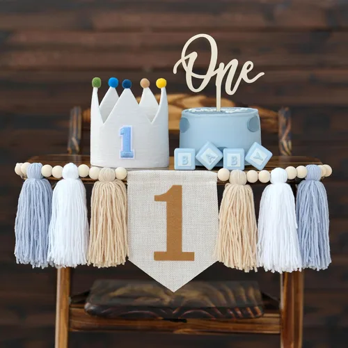 JUIIZAY Adornos para la Primera Fiesta de Cumpleaños de Bebé Niño Bandera Azul para Silla Alta Corona para Pastel de Primer Cumpleaños Adorno de