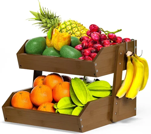 Miniatura 13 de Gmtsl Cesta de frutas de bambú para cocina, frutero de 2 niveles para encimera de cocina, soporte grande para frutas con 2 ganchos para plátanos