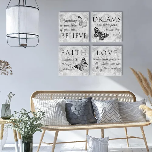 Miniatura 3 de Arte de pared inspirador de mariposas, 4 paneles de impresión en lienzo gris, decoración de pared en lienzo con texto en inglés «Faith Love Dreams
