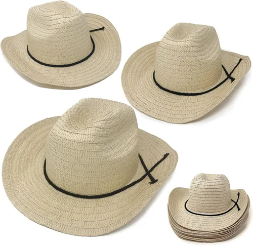 Miniatura 3 de Podzly Sombreros de vaquero de paja, paquete de 12 unidades, circunferencia de 24 pulgadas, estilo occidental para hombres y mujeres, sombreros