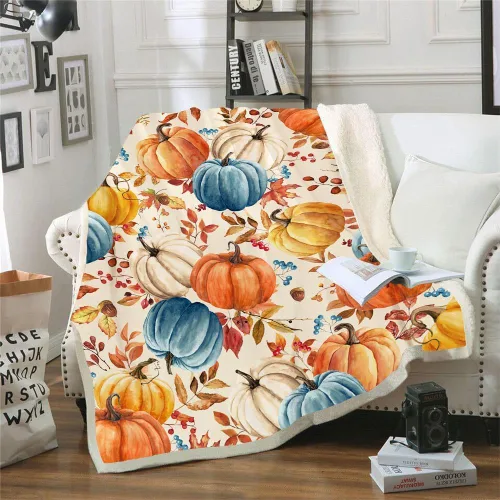 Manta de calabazas de otoño, naranja, blanco, azul, calabazas, hojas y bayas, suave y cálida para sala de estar, sofá, cama, silla o dormitorio, 40