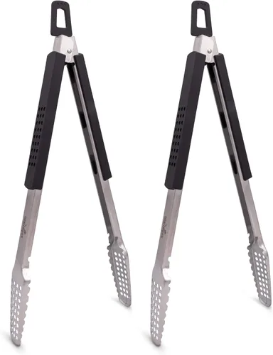 Miniatura 10 de Pinzas para barbacoa de acero inoxidable 18/0 de 9 pulgadas con mango ergonómico de madera de roble real para cocinar, accesorio duradero