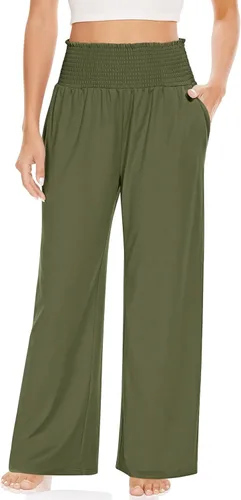 UEU Pantalones de pierna ancha con volantes fruncidos y cintura alta para mujer, estilo casual, holgados, pantalones de yoga con bolsillos