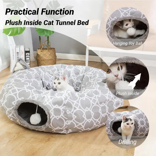 Miniatura 2 de Cama de túnel geométrico para gatos bajo el árbol de Navidad Oxford para exteriores con interior de felpa, túnel colapsable con bolas, juguetes