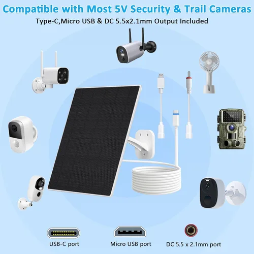 Miniatura 2 de FUTUREZEN Panel Solar para Cámara de Seguridad, Cargador Solar de 10W con DC 5.5x2.1mm, Puerto USB-C y Micro USB, Resistente al Agua IP66, Montura