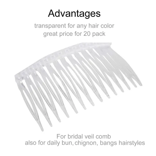 Miniatura 3 de Lawie Paquete de 20 peines laterales de plástico transparente pequeño con dientes largos, horquillas finas y grises blancas para mujeres, velo