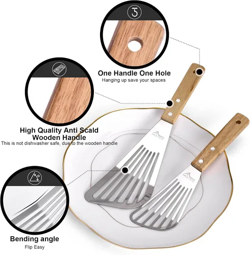 Miniatura 3 de HOTEC 2 piezas Espátula de pescado de acero inoxidable con mango de madera, espátula de metal para voltear alimentos