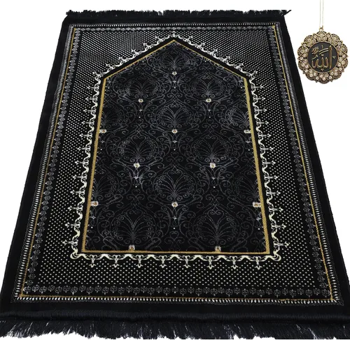 Modefa Alfombra de oración de terciopelo islámico turco, gruesa y ancha, suave, para hombres y mujeres, tapete grande tradicional musulmán para Negro