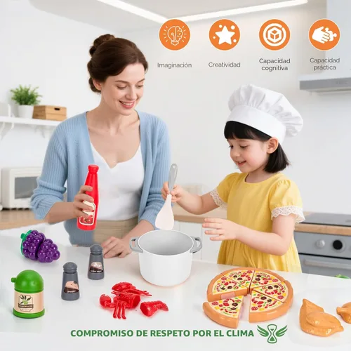 Miniatura 9 de Juego de cocina de 80 piezas, cocina para niños pequeños con ollas, sartenes, utensilios de cocina, alimentos, manta de picnic, frutas, verduras