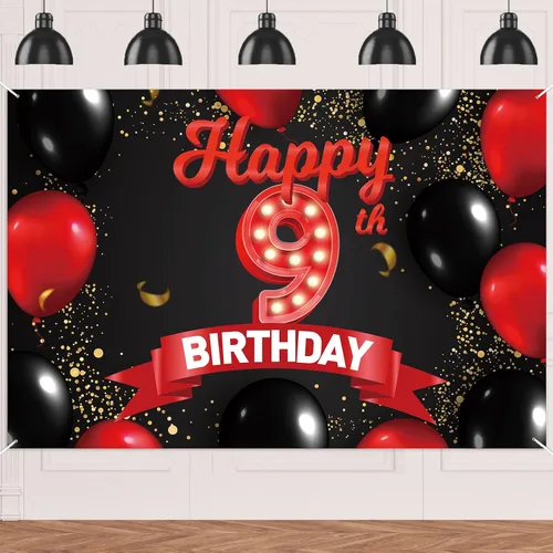 Miniatura 32 de Cartel de feliz cumpleaños 15 color rojo y negro, decoración temática de globos para niñas y mujeres, princesas de 15 años, fiesta de cumpleaños