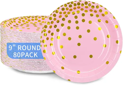 Miniatura 10 de DYLIVeS 80 platos de papel de oro blanco y rosa, de 7 pulgadas, con lunares metálicos, desechables, platos de fiesta de postre, suministros