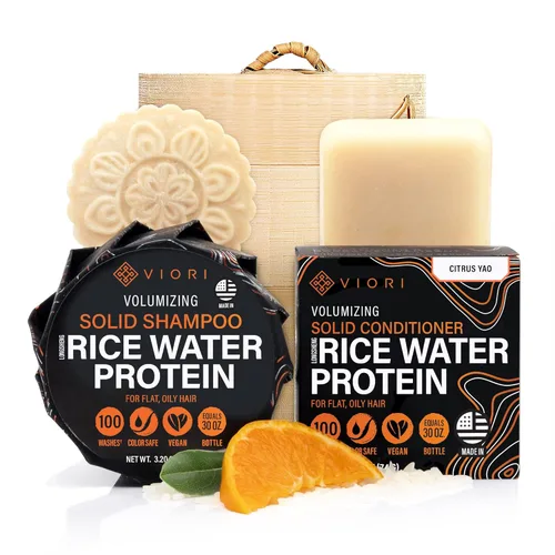 VIORI Citrus Yao barra de champú, acondicionador y soporte de bambú, hecha a mano, agua de arroz Longsheng y agentes naturales, sin sulfatos,