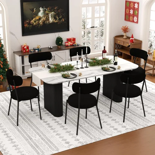 Miniatura 19 de Juego de mesa de comedor ovalada negra moderna de 70.9 pulgadas para 4, mesa de cocina rectangular estilo crema con sillas negras Boucle, juego
