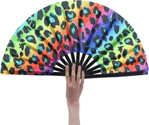Miniatura 25 de HeyToo Ventilador de mano grande para mujeres/hombres, con brillo UV, para Drag Queen, cosplay, EDM, club, fiesta, música, festival, baile, Cuadrado