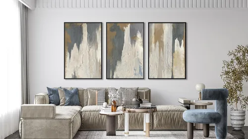 Miniatura 2 de Arte de pared abstracto enmarcado grande - Cuadros de lienzo enmarcados naturales para sala de estar, impresiones modernas en lienzo gris azul