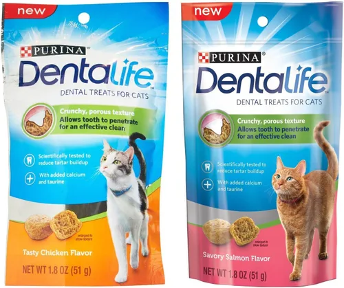 Purina Dentalife - Paquete de golosinas dentales para gatos; salmón salado y pollo sabroso