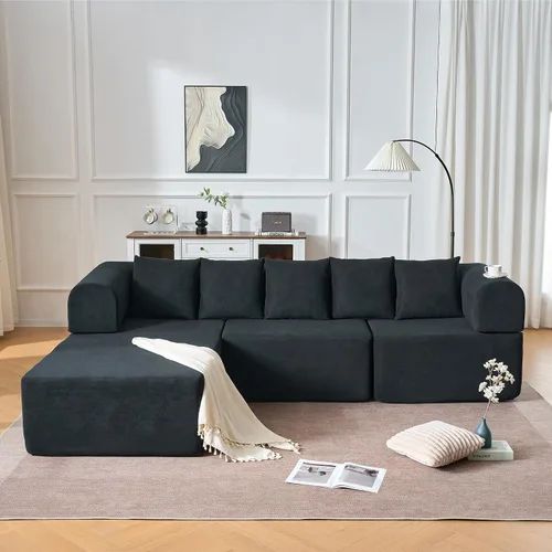 Miniatura 7 de Sofá modular de 106 pulgadas con diván en forma de L, moderno sofá modular Cloud con asiento profundo, cómodo sofá comprimido de terciopelo sin Negro