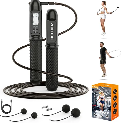 Cuerda de saltar inteligente con pantalla LED y contador de saltos, diseño inalámbrico con peso para gimnasio en casa y HIIT, alambre de acero Negro
